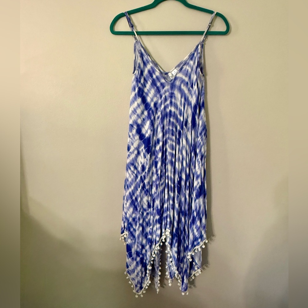 Goa Beachwear By Japna Blue & White Tie-Dye Handkerchief Pom-Pom Hem Dress